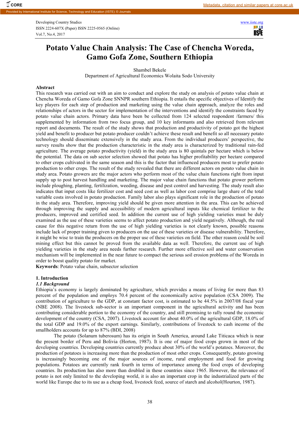 Potato Value Chain Analysis: the Case of Chencha Woreda, Gamo Gofa Zone, Southern Ethiopia