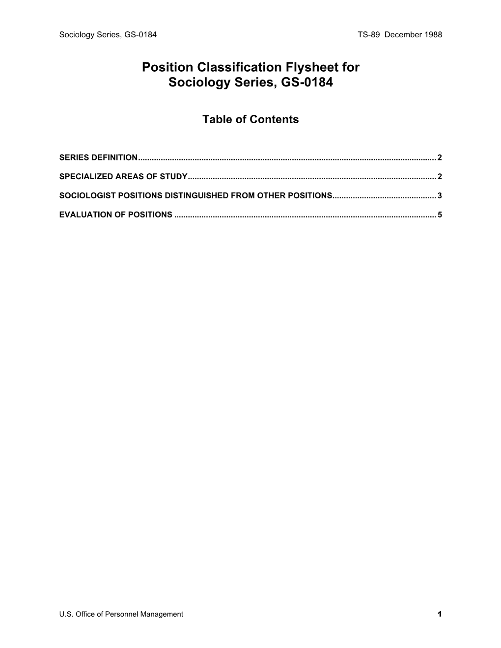 Position Classification Flysheet for Sociology Series, GS-0184