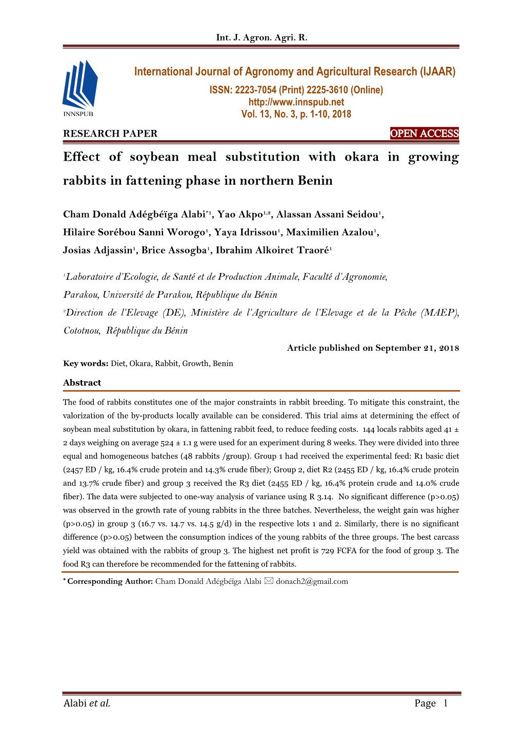 Effect of Soybean Meal Substitution with Okara in Growing Rabbits in Fattening Phase in Northern Benin