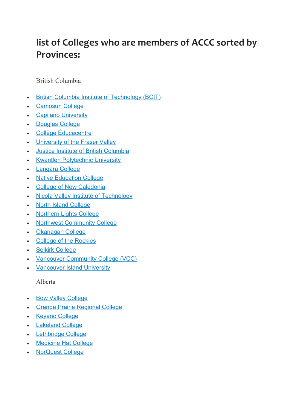 List of Colleges Who Are Members of ACCC Sorted by Provinces