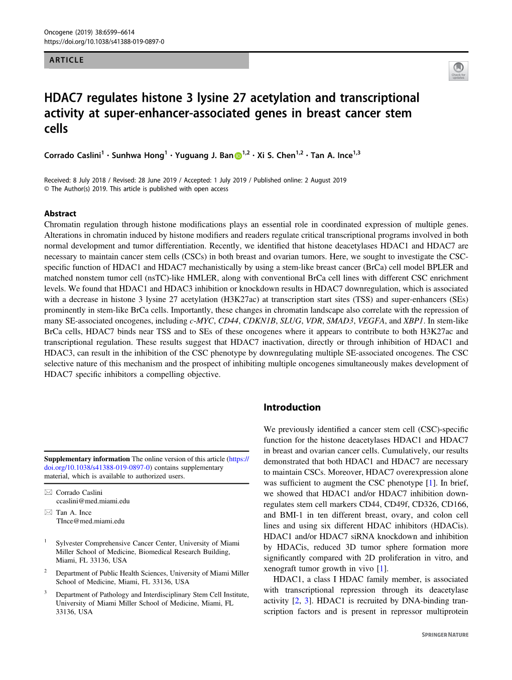 HDAC7 Regulates Histone 3 Lysine 27 Acetylation and Transcriptional Activity at Super-Enhancer-Associated Genes in Breast Cancer Stem Cells