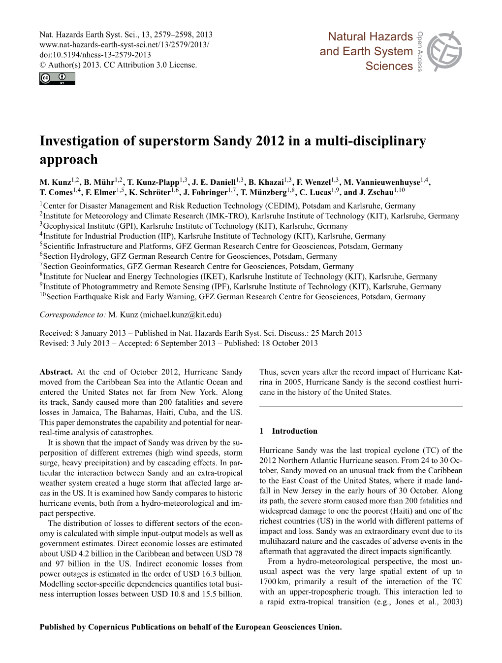 Investigation of Superstorm Sandy 2012 in a Multi-Disciplinary Approach