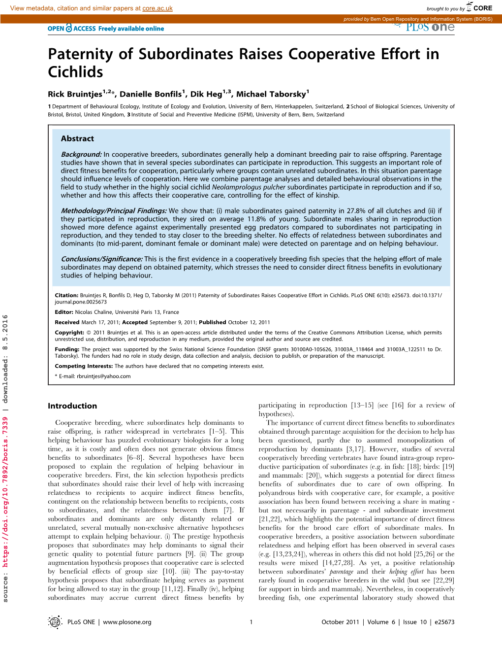 Paternity of Subordinates Raises Cooperative Effort in Cichlids