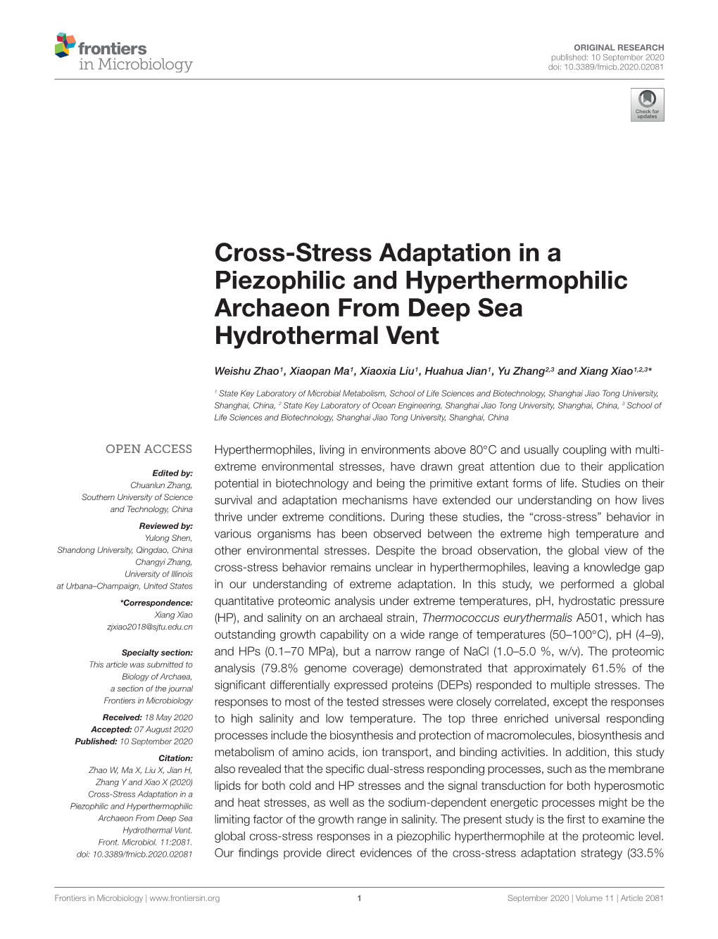 Cross-Stress Adaptation in a Piezophilic and Hyperthermophilic Archaeon from Deep Sea Hydrothermal Vent