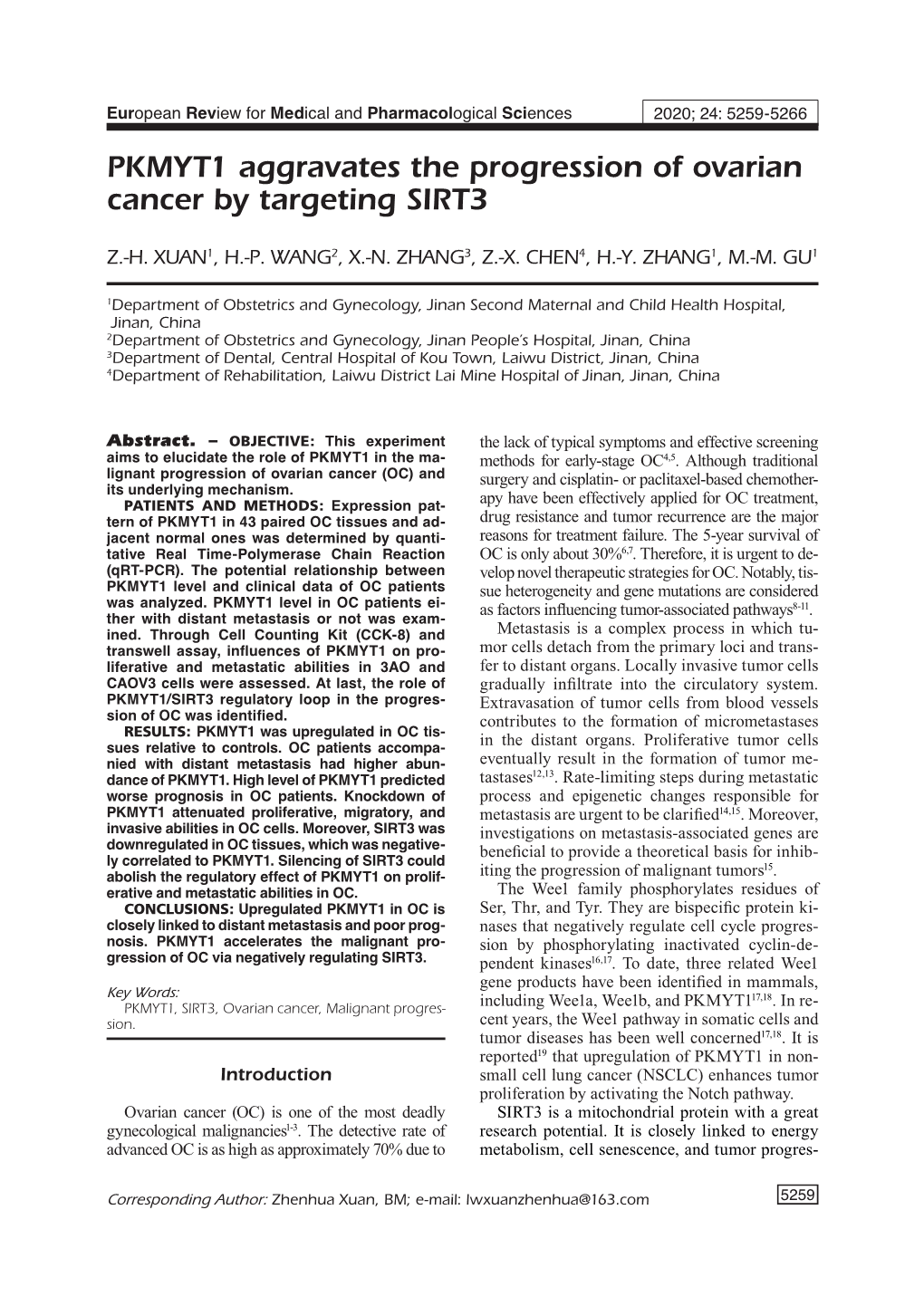PKMYT1 Aggravates the Progression of Ovarian Cancer by Targeting SIRT3
