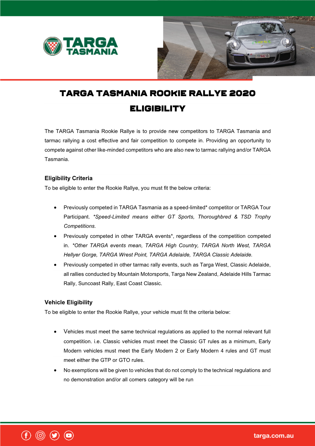 Targa Tasmania Rookie Rallye 2020 Eligibility