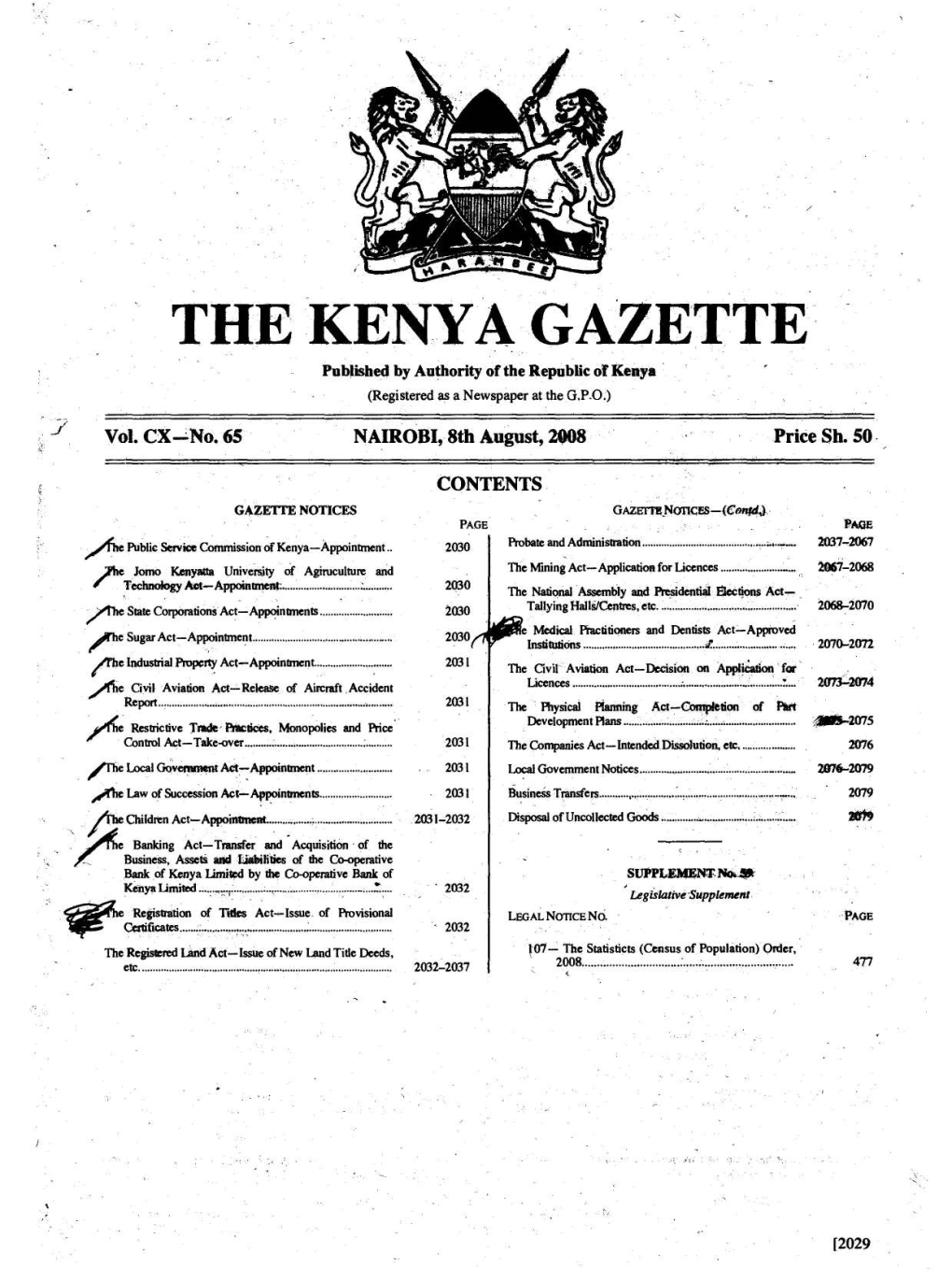 GAZETTE NOTICES , : GAZETTENOTICES—(Contd). Os PAGE a PAGE Re Public Service Commission of Kenya—Appointment