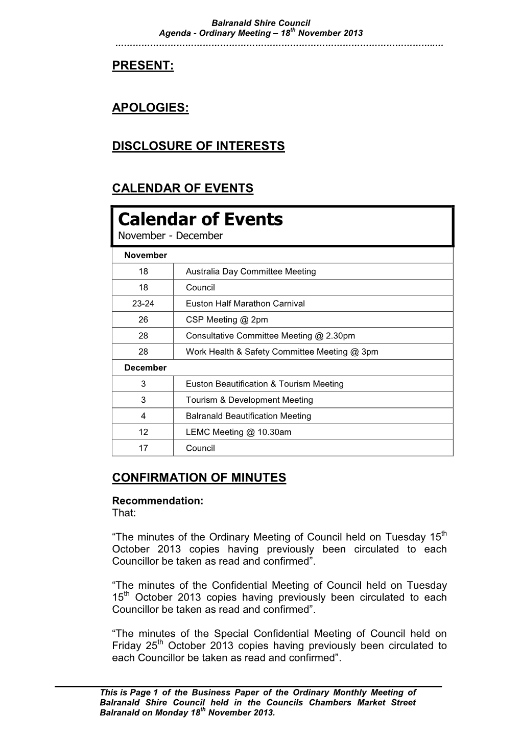 Agenda - Ordinary Meeting – 18Th November 2013 ………………………………………………………………………………………………..…