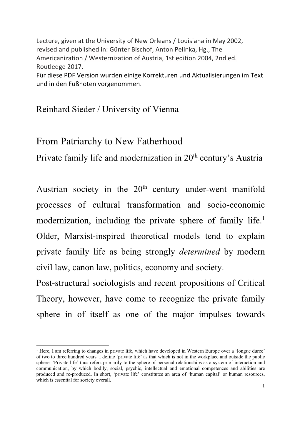 From Patriarchy to New Fatherhood Private Family Life and Modernization in 20Th Century’S Austria