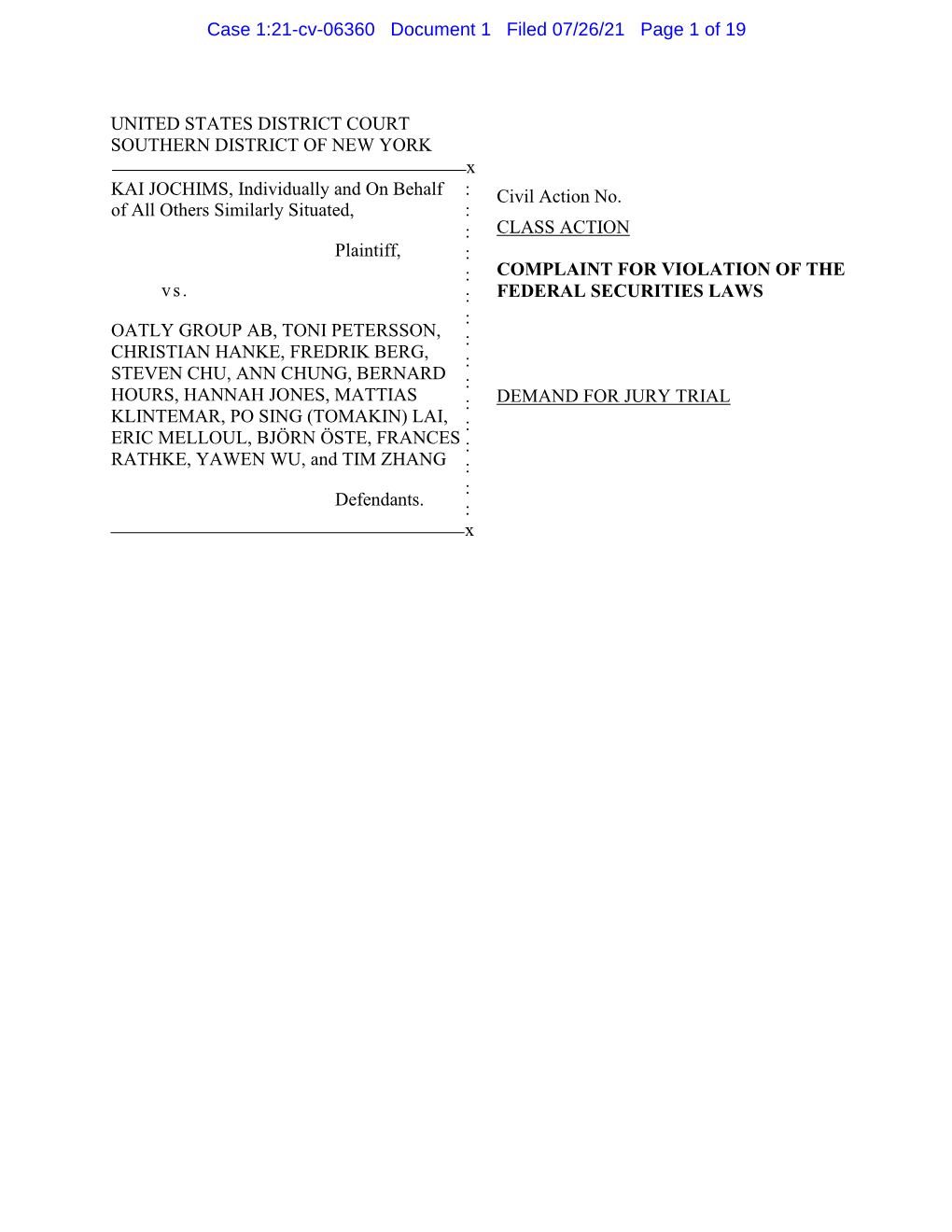 Kai Jochims, Et Al. V. Oatly Group AB, Et Al. 21-CV-06360-Class Action