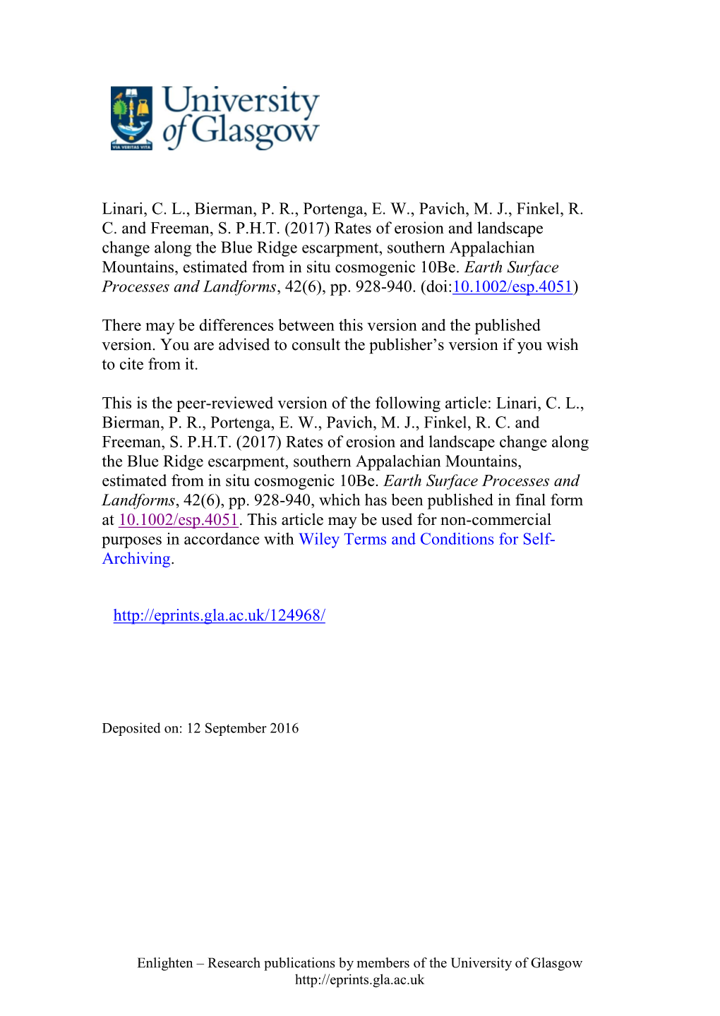 Rates of Erosion and Landscape Change Along the Blue Ridge Escarpment, Southern Appalachian Mountains, Estimated from in Situ Cosmogenic 10Be