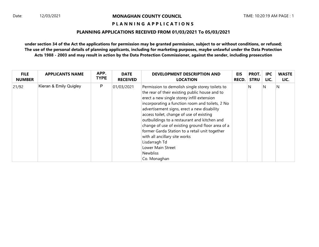 PLANNING APPLICATIONS RECEIVED from 01/03/2021 to 05/03/2021