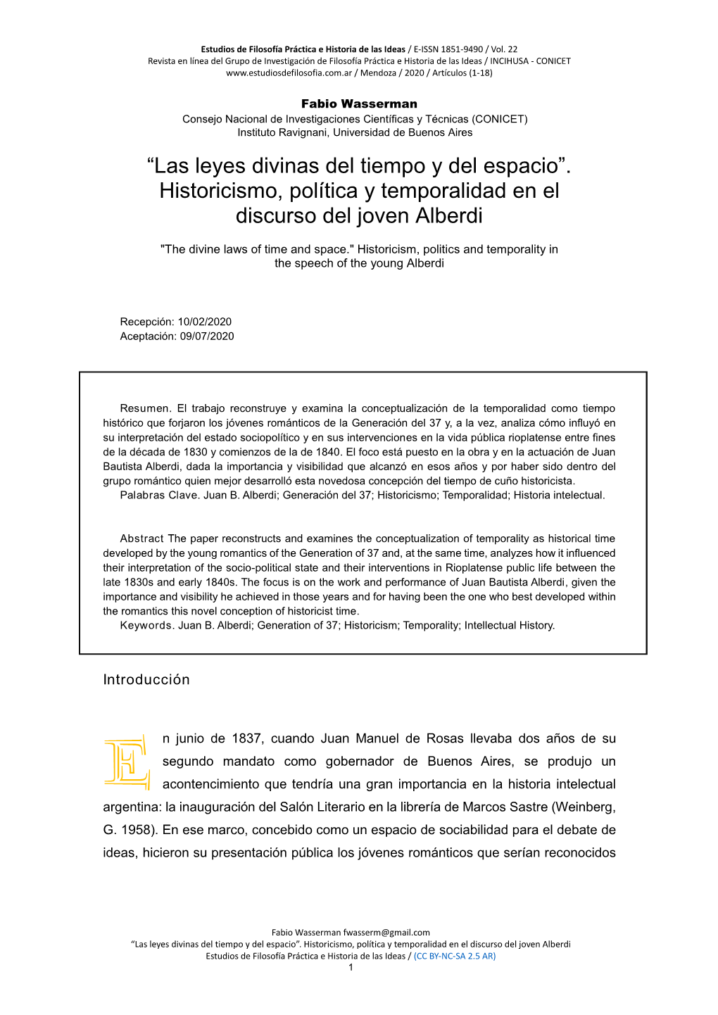 “Las Leyes Divinas Del Tiempo Y Del Espacio”. Historicismo, Política Y Temporalidad En El Discurso Del Joven Alberdi