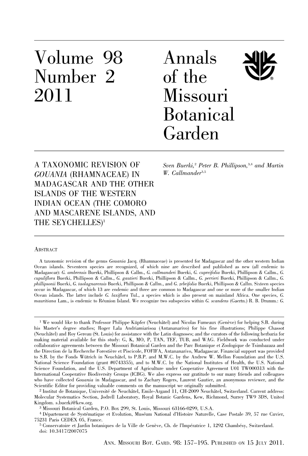 Volume 98 Annals Number 2 of the 2011 Missouri Botanical Garden