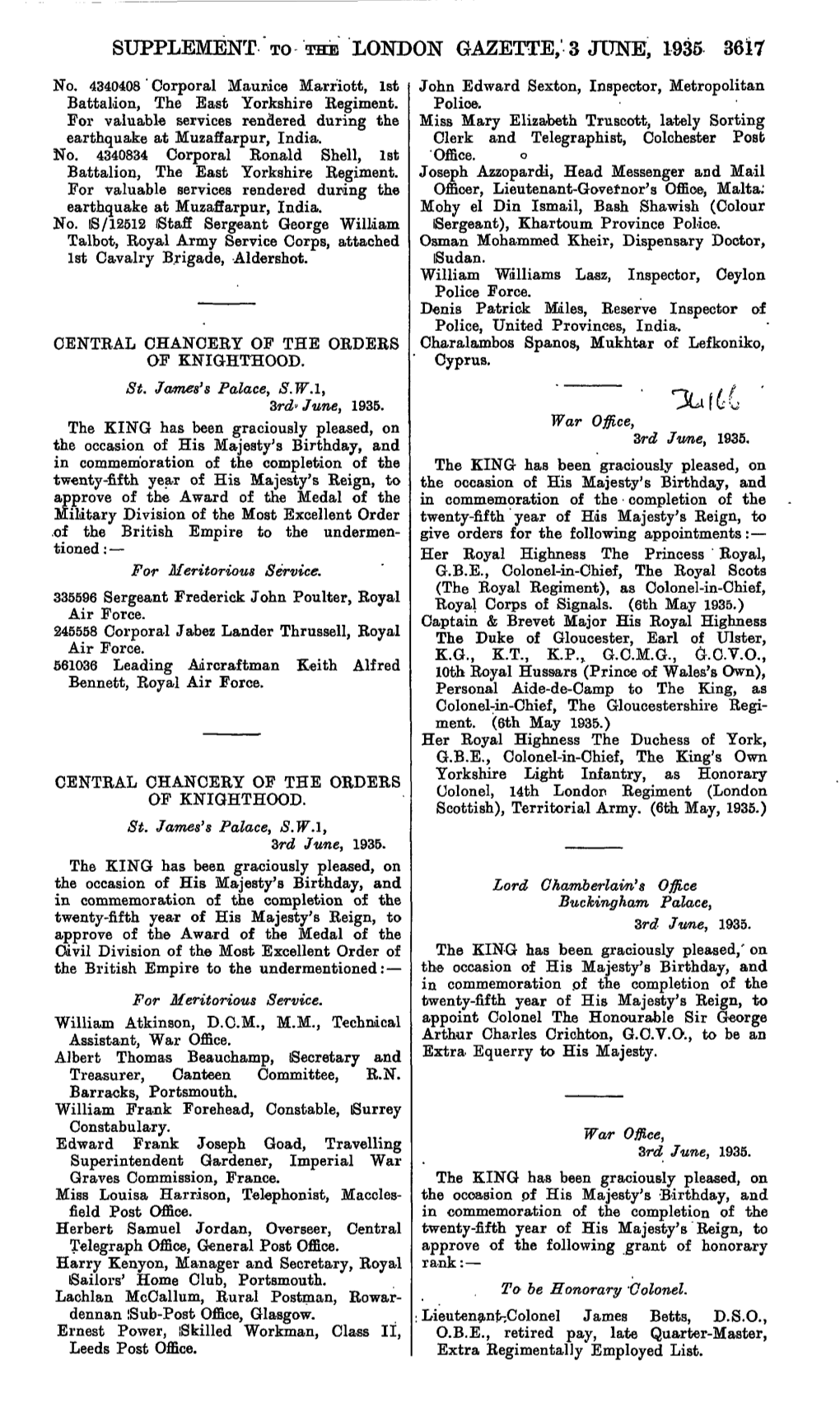 SUPPLEMENT to the LONDON GAZETTE, 3 JI7NE, 1935 3617 No