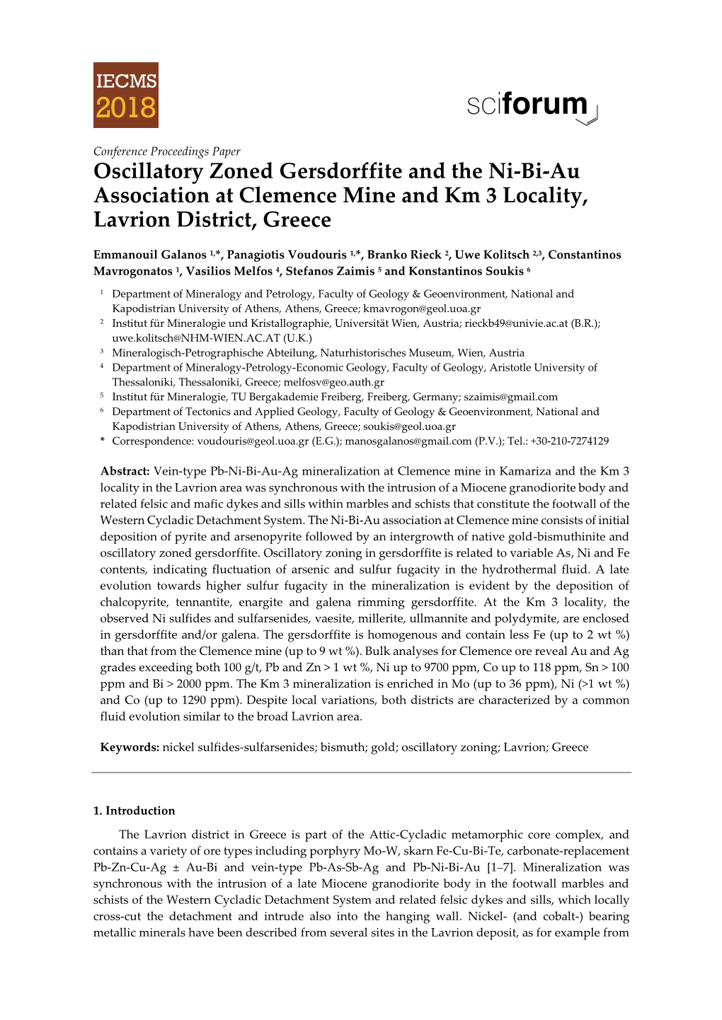 Oscillatory Zoned Gersdorffite and the Ni-Bi-Au Association at Clemence Mine and Km 3 Locality, Lavrion District, Greece