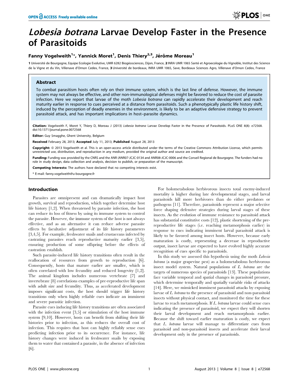 Lobesia Botrana Larvae Develop Faster in the Presence of Parasitoids