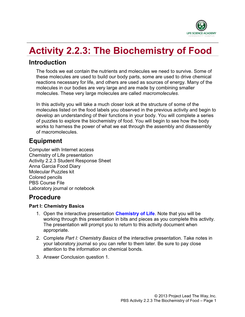 Activity 2.2.3: the Biochemistry of Food Introduction