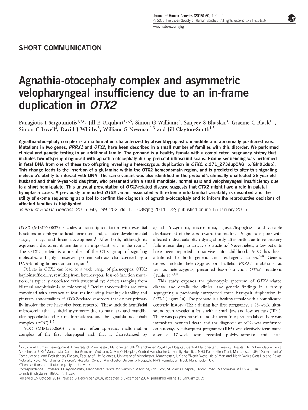 Agnathia-Otocephaly Complex and Asymmetric Velopharyngeal Insufﬁciency Due to an In-Frame Duplication in OTX2