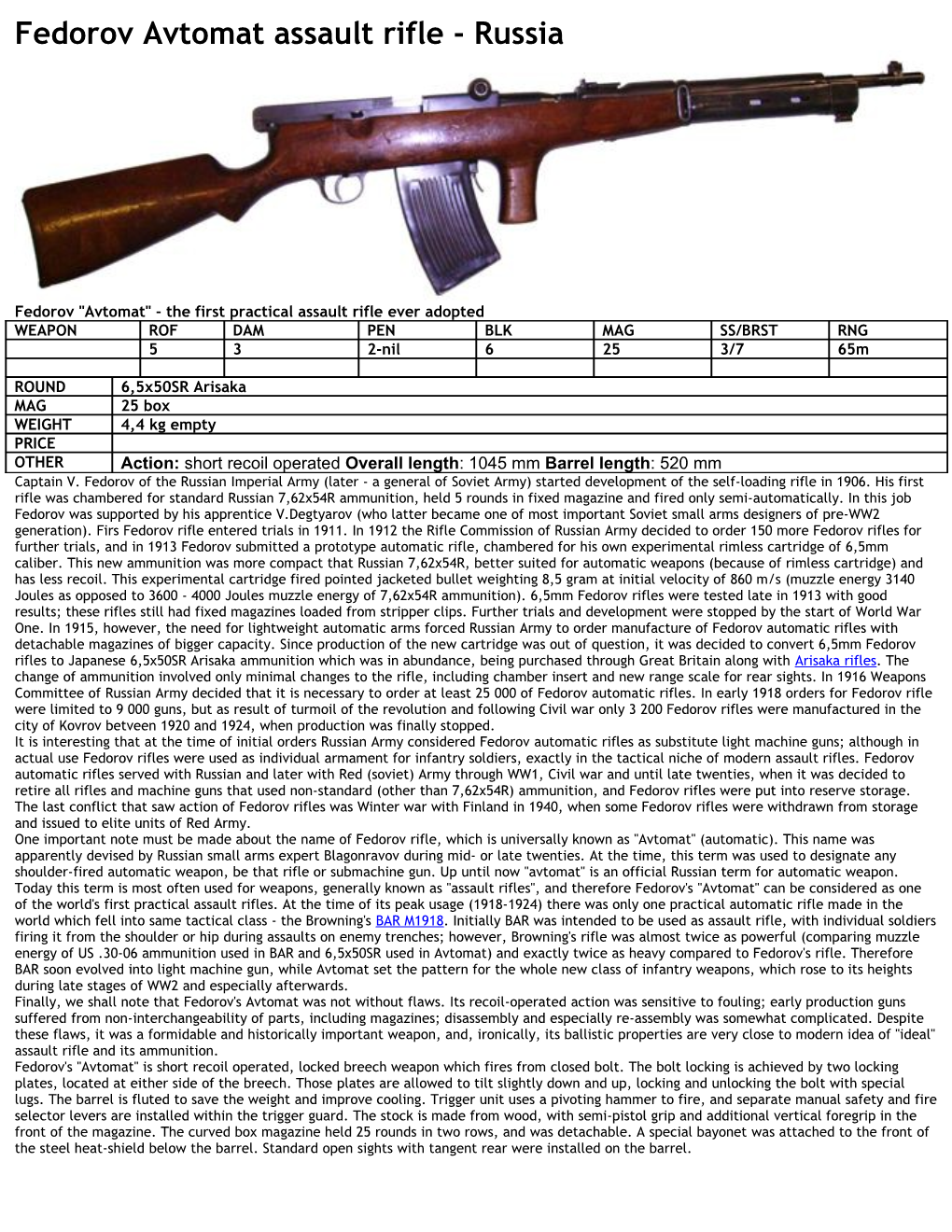 Fedorov Avtomat Assault Rifle - Russia