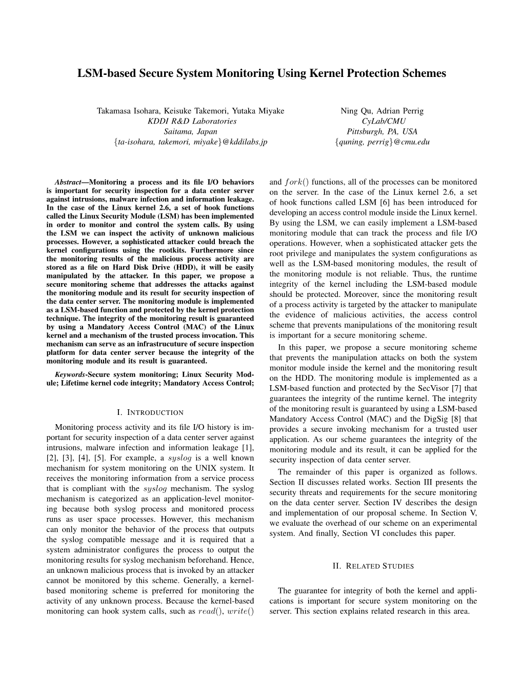 LSM-Based Secure System Monitoring Using Kernel Protection Schemes