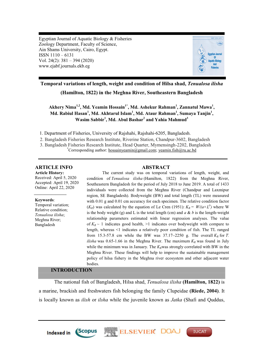 Temporal Variations of Length, Weight and Condition of Hilsa Shad, Tenualosa Ilisha (Hamilton, 1822) in the Meghna River, Southeastern Bangladesh