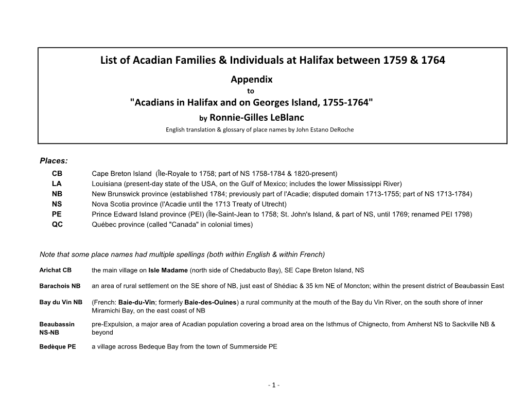 List of Acadian Families & Individuals at Halifax Between 1759 & 1764