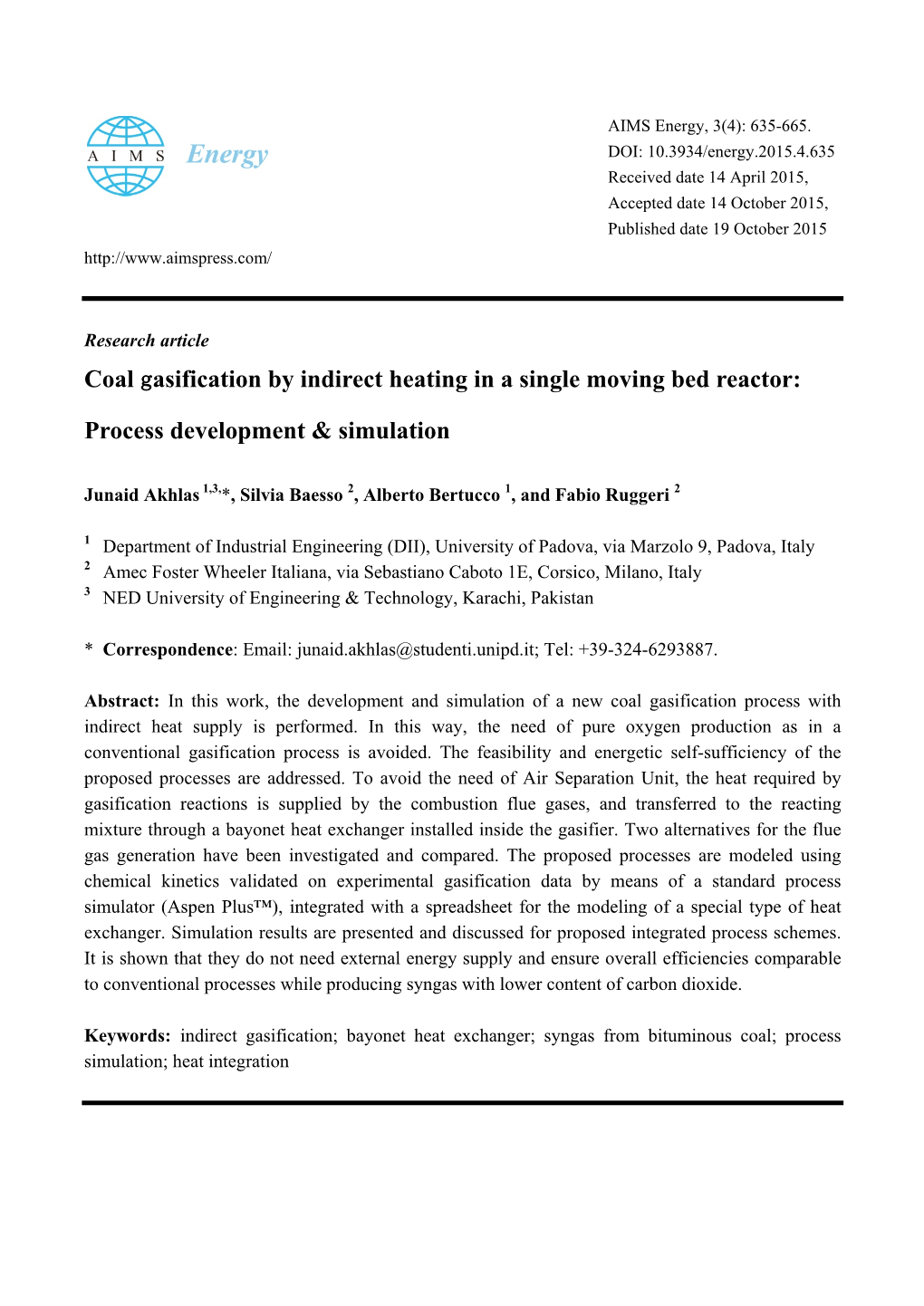 Coal Gasification by Indirect Heating in a Single Moving Bed Reactor: Process Development & Simulation