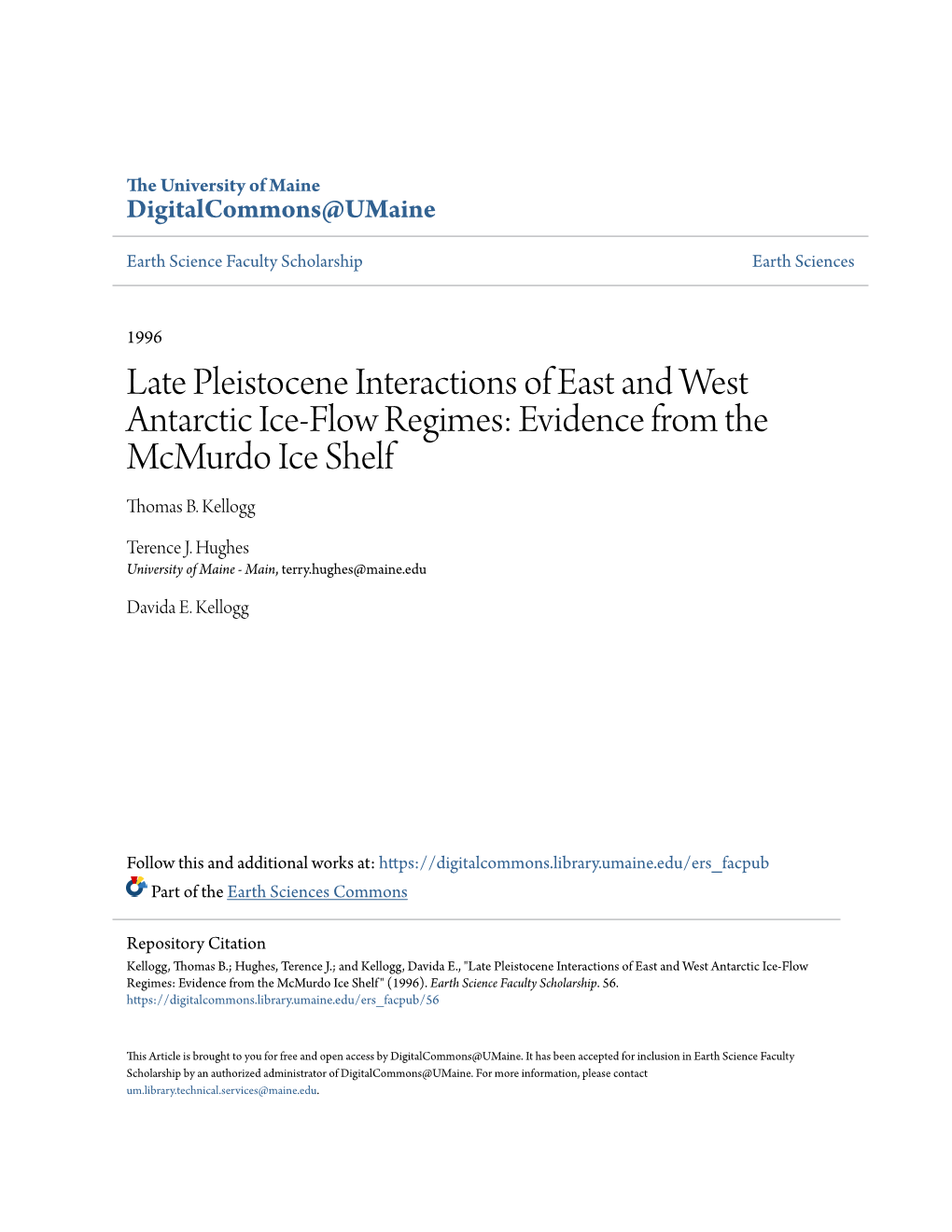 Late Pleistocene Interactions of East and West Antarctic Ice-Flow Regimes: Evidence from the Mcmurdo Ice Shelf Thomas B