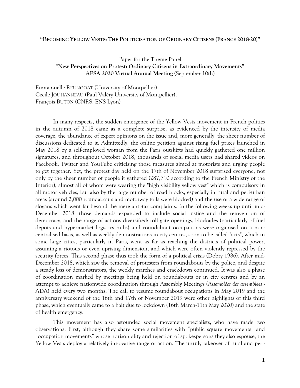 New Perspectives on Protest: Ordinary Citizens in Extraordinary Movements” APSA 2020 Virtual Annual Meeting (September 10Th)