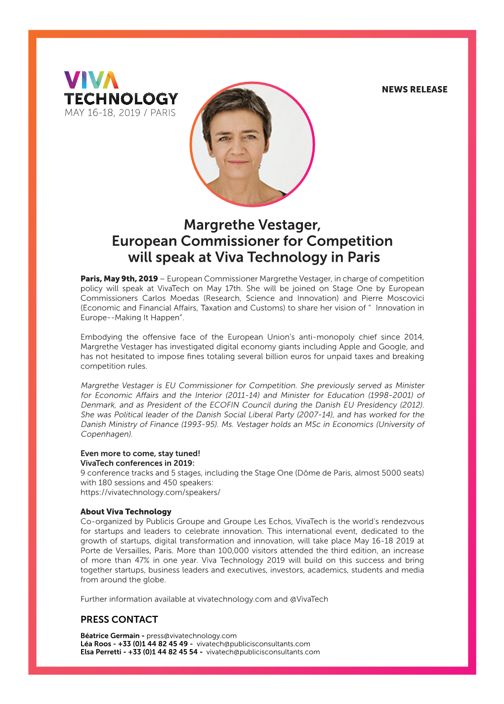 Margrethe Vestager, European Commissioner for Competition Will Speak at Viva Technology in Paris