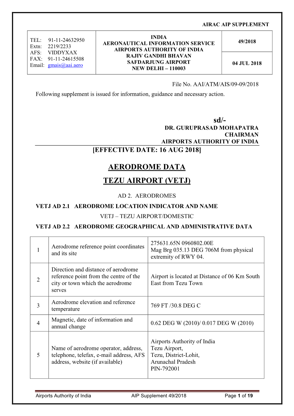 Aerodrome Data Tezu Airport (Vetj)