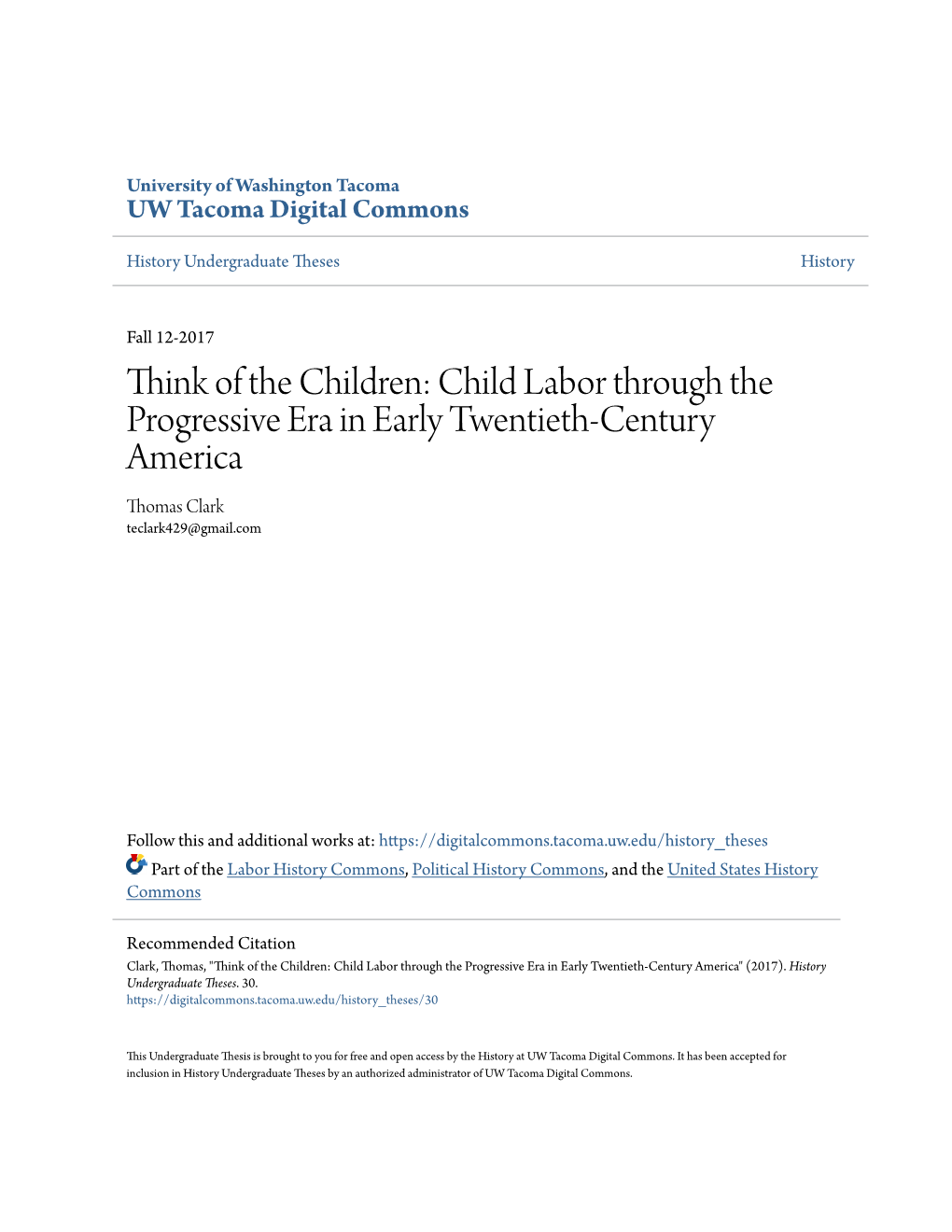 Think of the Children: Child Labor Through the Progressive Era in Early Twentieth-Century America