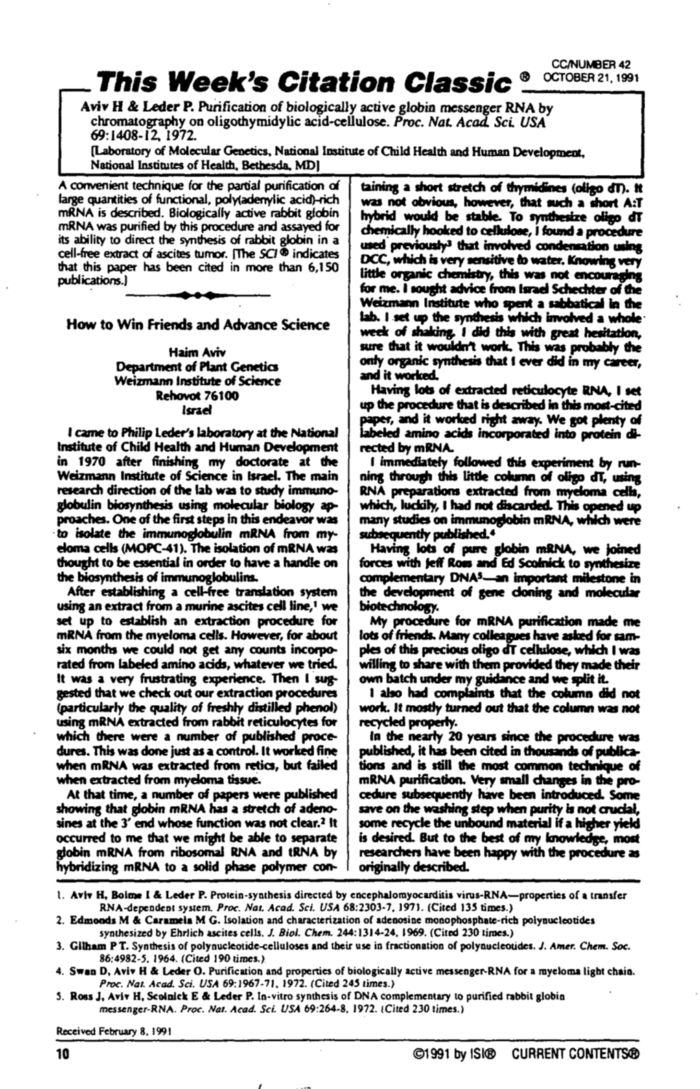 Aviv H & Leder P. Purification of Biologically Active Globin