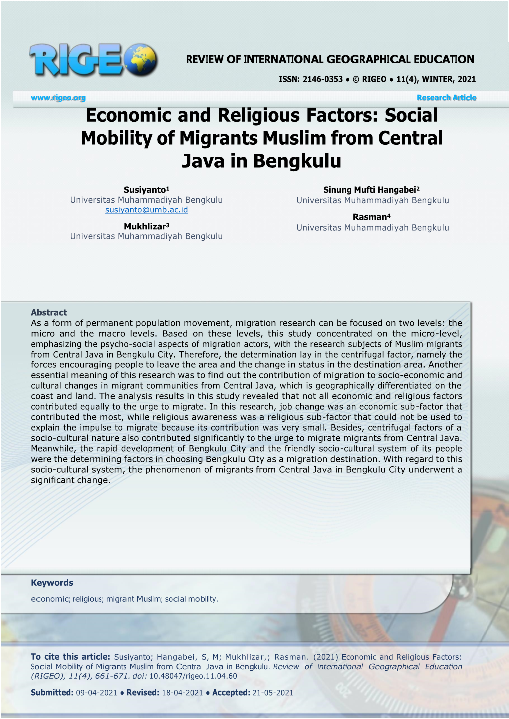 Social Mobility of Migrants Muslim from Central Java in Bengkulu