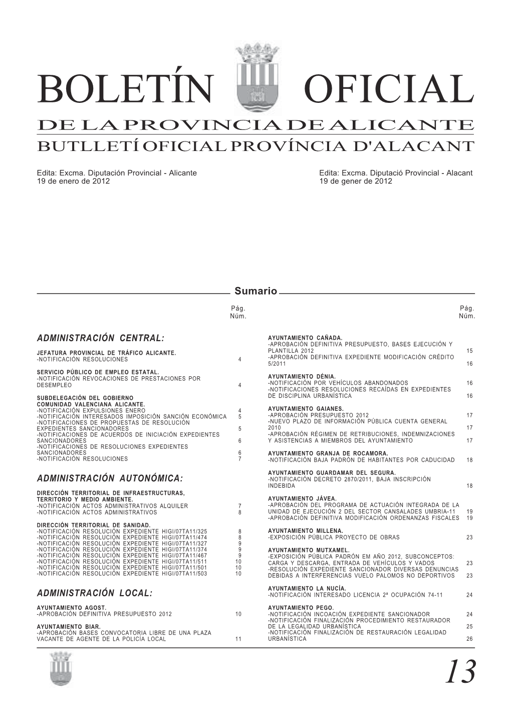 Boletín Oficial De La Provincia De Alicante Butlletí Oficial Província D'alacant