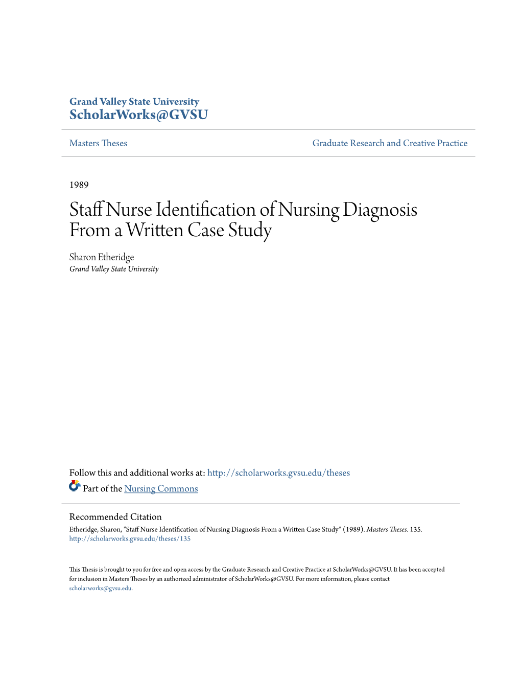 Staff Nurse Identification of Nursing Diagnosis from a Written Case Study