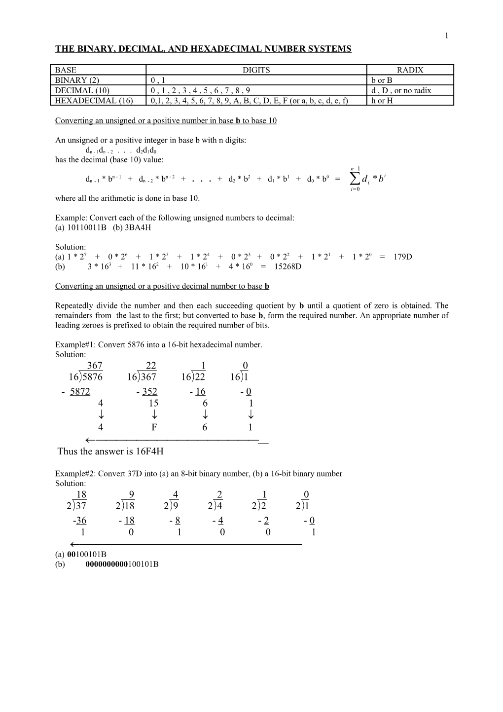 The Binary, Decimal, and Hexadecimal Number Systems