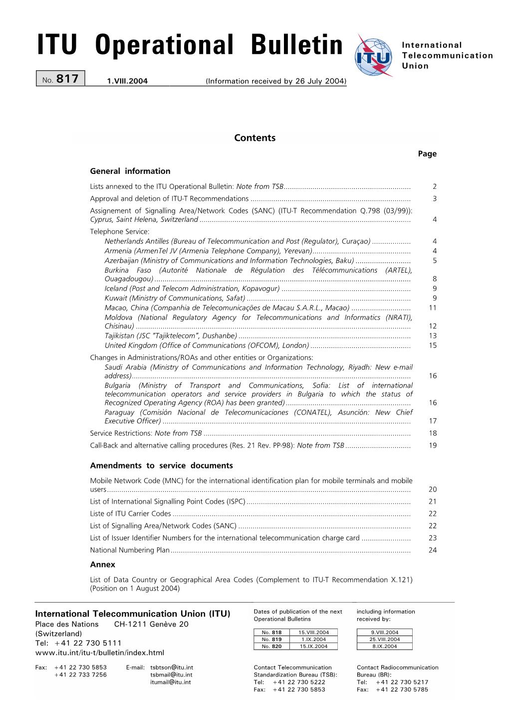 ITU Operational Bulletin No. 817 – 3