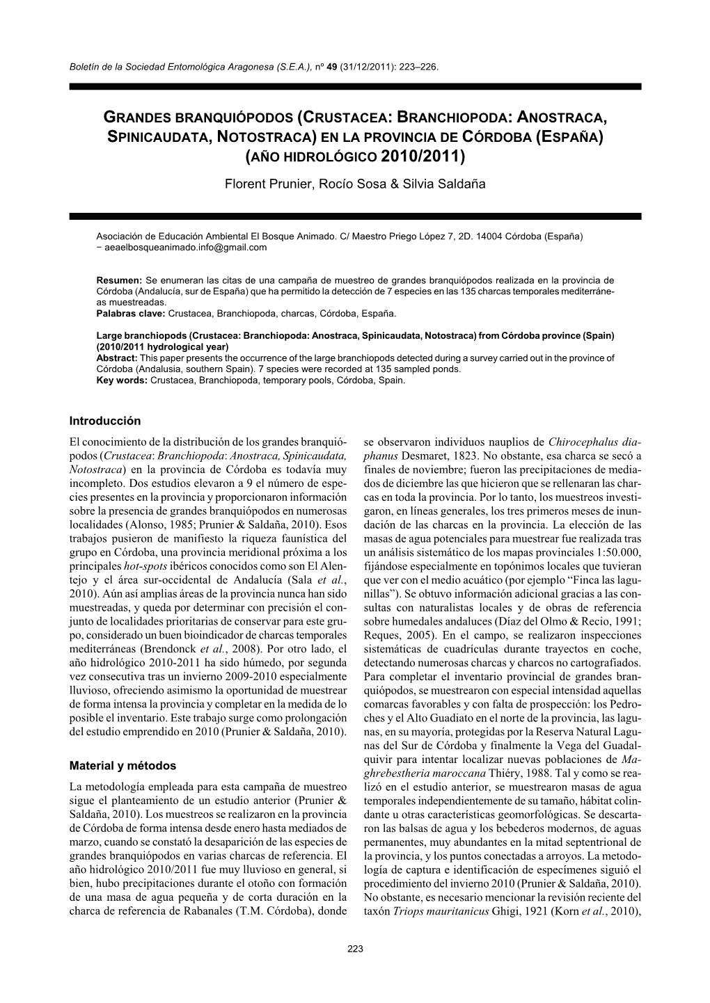 Grandes Branquiópodos (Crustacea: Branchiopoda: Anostraca, Spinicaudata, Notostraca) En La Provincia De Córdoba (España) (Año Hidrológico 2010/2011)