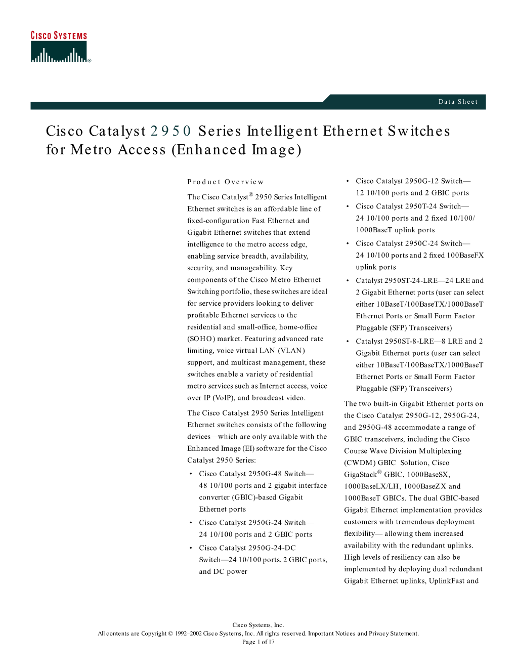 Cisco Catalyst 2950 Series Intelligent Ethernet Switches for Metro Access (Enhanced Image)