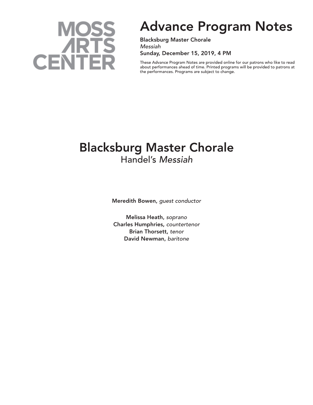 Blacksburg Master Chorale Messiah Sunday, December 15, 2019, 4 PM