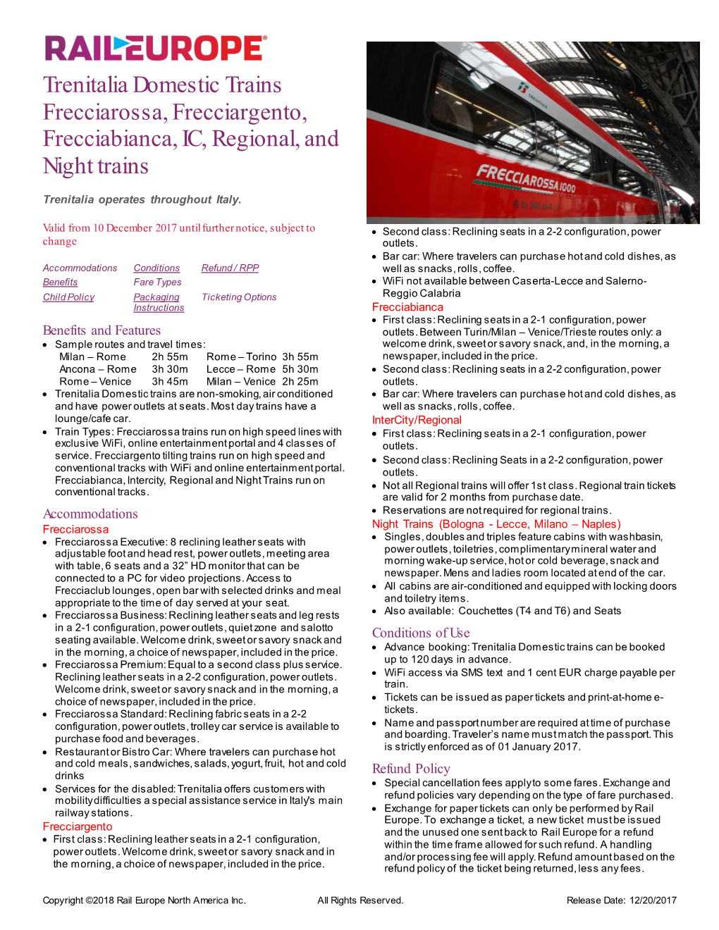 Trenitalia Domestic Trains Frecciarossa, Frecciargento, Frecciabianca, IC, Regional, and Night Trains