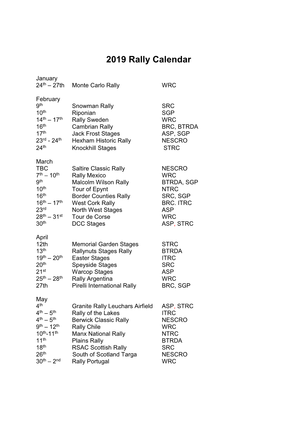 2019 Rally Calendar