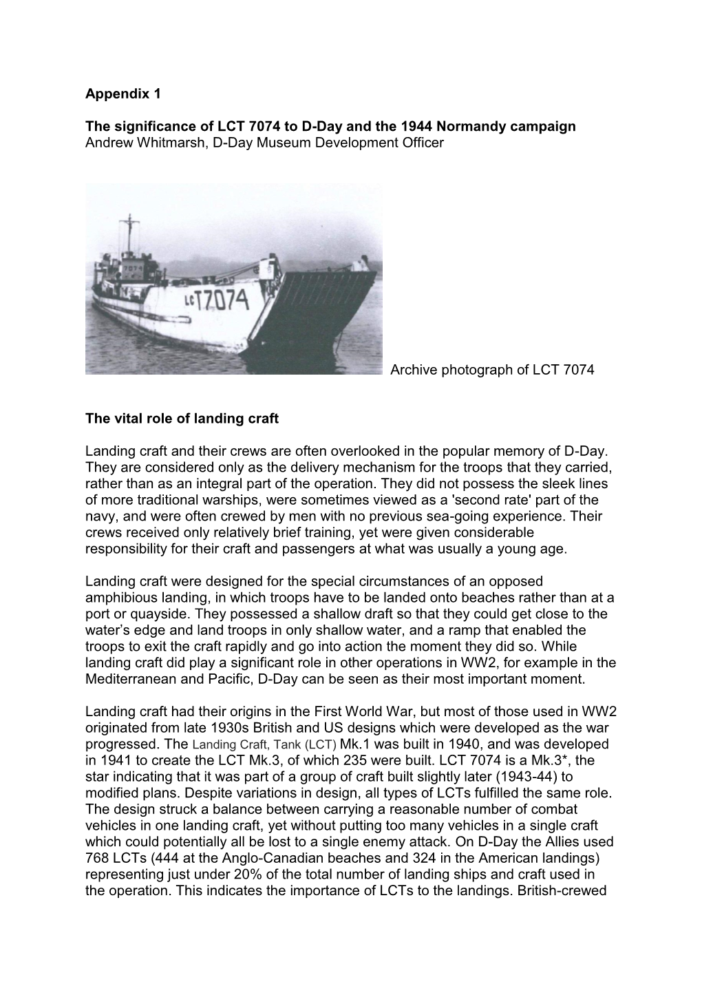 Appendix 1 the Significance of LCT 7074 to D-Day and the 1944