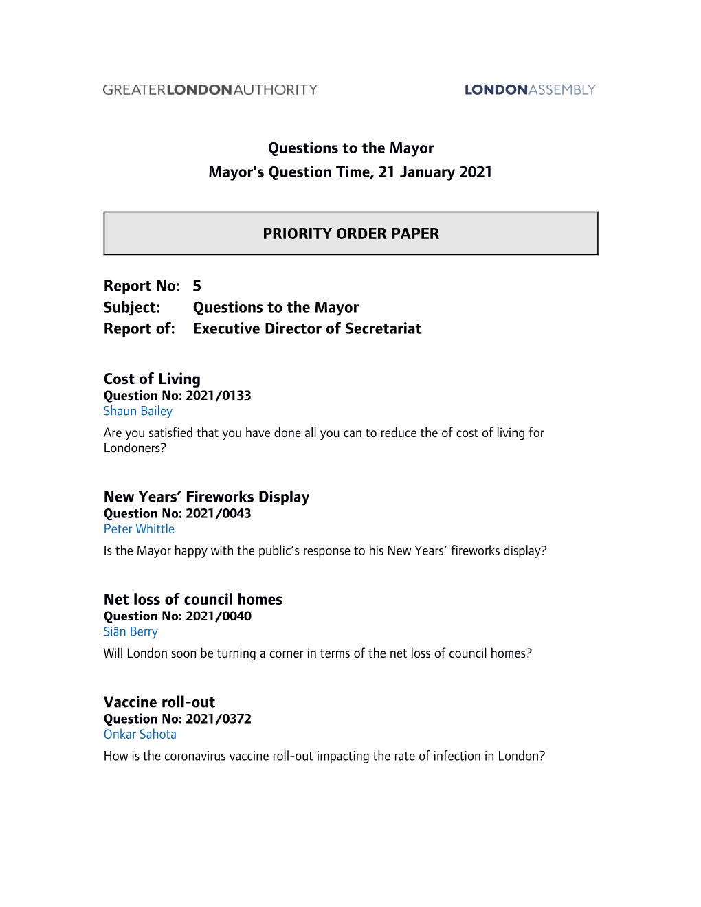 Questions to the Mayor Mayor's Question Time, 21 January 2021