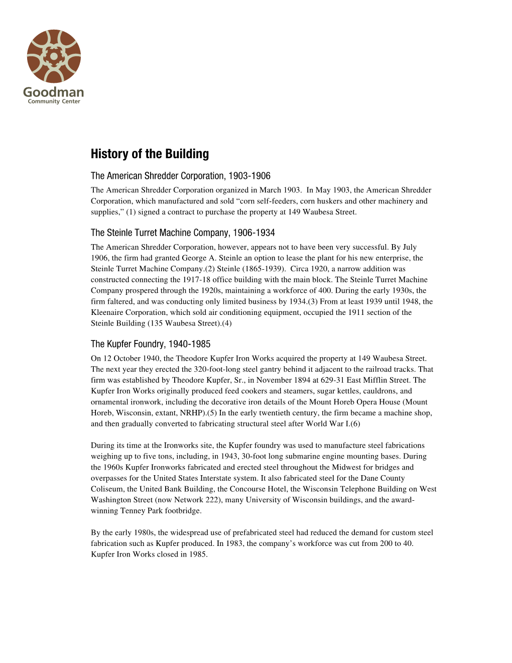 History of the Building the American Shredder Corporation, 1903-1906 the American Shredder Corporation Organized in March 1903
