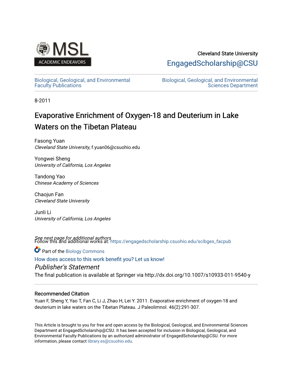 Evaporative Enrichment of Oxygen-18 and Deuterium in Lake Waters on the Tibetan Plateau