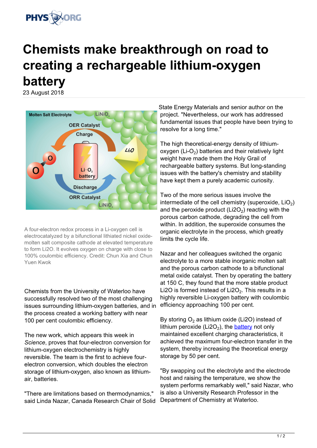 Chemists Make Breakthrough on Road to Creating a Rechargeable Lithium-Oxygen Battery 23 August 2018