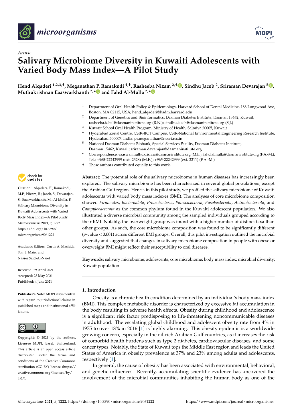 Salivary Microbiome Diversity in Kuwaiti Adolescents with Varied Body Mass Index—A Pilot Study